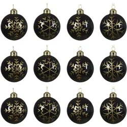 12 Weihnachtskugeln 8cm Glas mit Schneeflocken Muster Christbaumkugeln Weihnachtsbaumkugeln Christbaumschmuck Weihnachtsbaumschmuck Deko schwarz gold