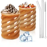 SILRIVES Trinkgläser mit Strohhalme 350ml 2er,Latte Macchiato Gläser Set,Bubble Wassergläser mit Glasstrohhalme und Bürsten,Eiskaffee Becher,Cappuccino Gläser,Cocktailgläser,Matcha Glas,Trinkglas