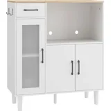 HOMCOM Sideboard Küchenschrank mit Schublade, 2 Schränken, Offenem Fach, Aufbewahrungsschrank mit geriffelter Acrylglastür für Wohnzimmer Weiß+Eiche 80 x 34 x 91 cm   Aosom