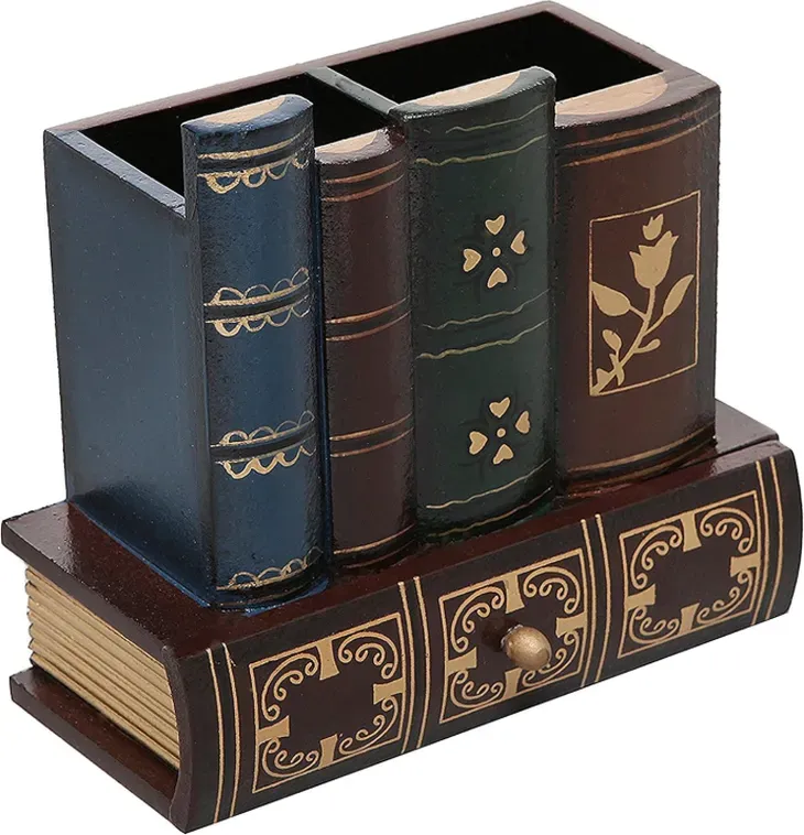 MyGift Dekorativer Schreibtisch-Organizer Caddy, Stiftehalter mit unterem Aufbewahrungsfach und antikem Bibliotheksbuch-Design