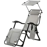 CampFeuer Sonnenliege mit Dach, Grau, Campingliege mit Arm Massagerollen, Gartenliege Sonnendach