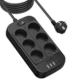 Steckdosenleiste Überspannungsschutz 6 Fach, JSVER Mehrfachsteckdose 5M 3680W 16A mit 3 USB A und 1 USB C Steckerleiste mit Schalter, Wandmontage Verteilersteckdose für Zuhause Büro-Schwarz