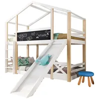 REDOM Etagenbett Kinderbett Baumhaus (Hochbett für Kinder– 2x Lattenrost- Natur & Weiß, mit Rutsche & Leiter 90 x 200 cm), Sicherer zur Schlafebene