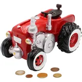 Dekohelden24 Spardose als Traktor aus Poly - Sparauto - Sparbüchse in rot mit Gummiverschluss, Größe L/B/H: ca. 16 x 11 x 11 cm