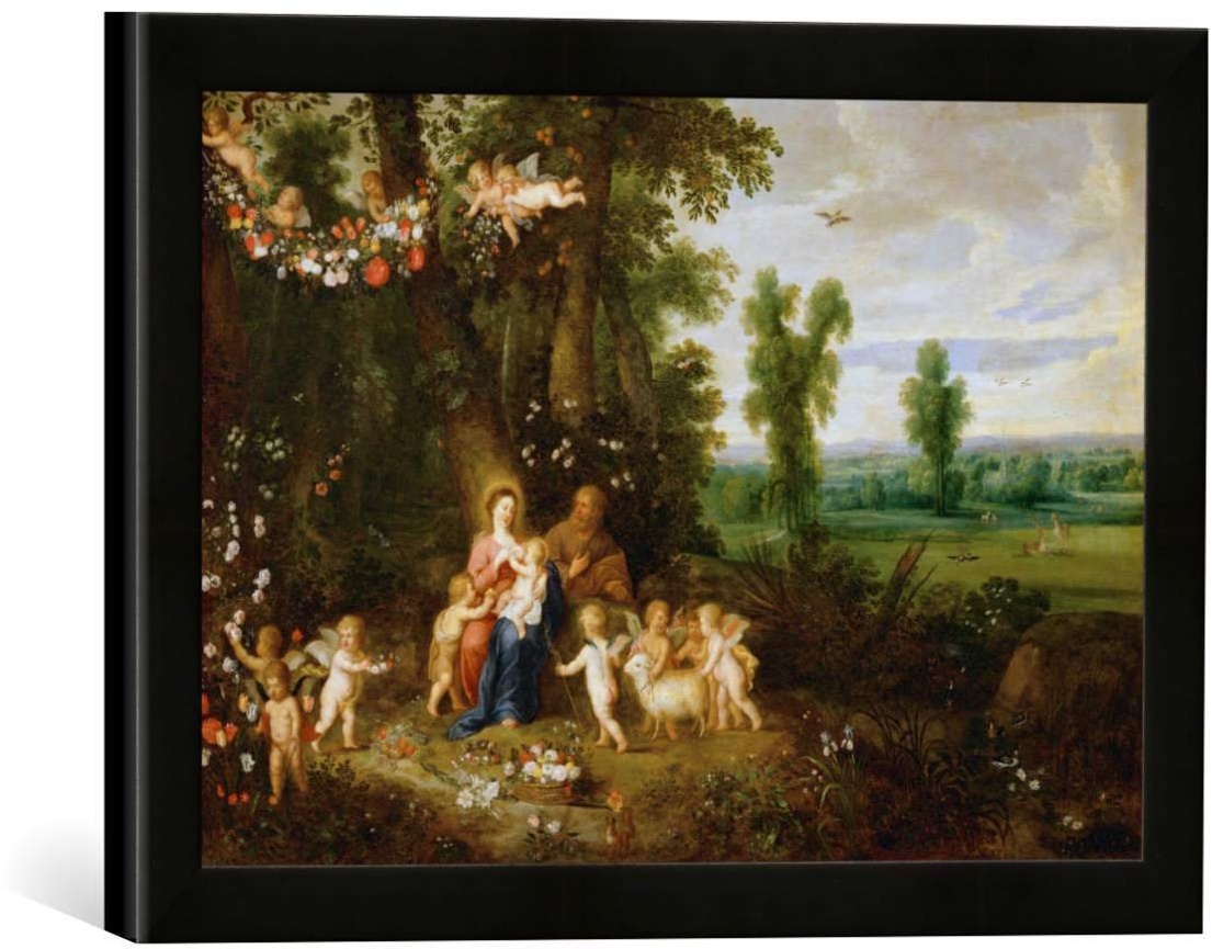 Gerahmtes Bild von Pieter Van Avont Die HL. Familie mit dem Johannesknaben und Engeln in Landschaft, Kunstdruck im hochwertigen handgefertigten Bilder-Rahmen, 40x30 cm, Schwarz matt