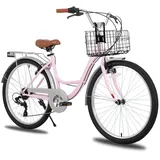 Hiland 26 Zoll Cityräder für Erwachsene, Step-Through Rahmen Damenfahrrad mit Gepäckträger und Korb, Herren und Damen 7 Gang City-Pendlerfahrrad - Rosa