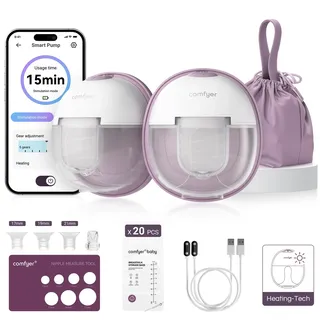 Comfyer Heiz-Milchpumpe Elektrisch Tragbar Freihändig, Branchenführende Heiztechnologie,Magnet-Ladestation,App-Steuerung,Inkl. 20 Milchbeutel,Klinik-Standard Saugkraft, 2er-Set