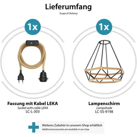 ledscom.de Käfig-Leuchte, schwarz mit Hanf, 200mm Ø, Hanfkabel LEKA, Stecker, Schalter und E27 Fassung, 3 m