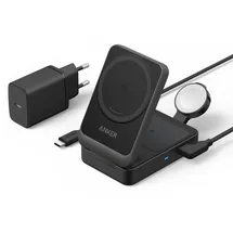 Anker MagGo 3-in-1 Ladestation, Qi2 zertifizierter 15W kabelloser Ladeständer, MagSafe kompatibel, Apple Watch Ladegerät, Für iPhone 16/15/14, AirPods, Apple Watch 9 (Mit 40W USB-C Netzteil)