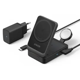 Anker MagGo 3-in-1 Ladestation, Qi2 zertifizierter 15W kabelloser Ladeständer, MagSafe kompatibel, Apple Watch Ladegerät, Für iPhone 16/15/14, AirPods, Apple Watch 9 (Mit 40W USB-C Netzteil)