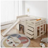 HAUSS SPOLE Hochbett 140 x 200 cm niedriges Hochbett mit Rutsche, 2 Schubladen und 2 Türen (mit Rutsche, Creme – Mit 3 Schubladen, 2 Türen & Stauraum., 140x200 cm) 145 cm x 204 cm x 108 cm