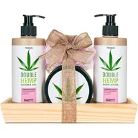BRUBAKER Pflege-Geschenkset Beauty Geschenkset mit Erdbeeren & Kokosnuss Duft, 5-tlg., Damen Hanf Badeset mit Deko-Tablett aus Holz, Pflegeset für Frauen rosa
