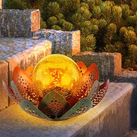 GLOBO Garten Außenlampen Solarleuchte dekorative LED Solarleuchte im Lotusblüten Design, Glaskugel goldfarben, LED, 22cm, Terrasse