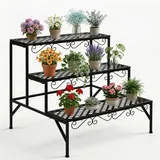 homelikesport 3-stöckige Metall Blumentreppe, Pflanzentreppe für Balkon Garten Wohnzimmer, wetterfestes Blumenregal als Deko, 70x60x60cm Schwarz