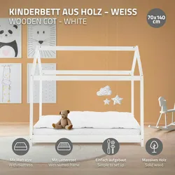 Kinderbett+Matratze Hausbett Bettgestell Holzbett Lattenrost Bett Weiß 70x140 cm