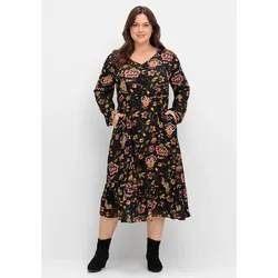 Druckkleid SHEEGO BY JOE BROWNS "Große Größen", Damen, Gr. 42, Normalgrößen, schwarz (schwarz gemustert), Obermaterial: 100% Viskose (LENZING ECOVERO), gemustert, feminin, figurumspielend lang, V-Ausschnitt, Langarm, Kleider, mit Volant am Saum