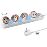 Treibo 360 Grad Drehbare Steckdosenleiste, 3-Fach Steckerleiste mit 3 USB und LED Licht, Mehrfachsteckdose Wandmontage mit Schalter und 2M Verlängerungskabel (Orange)