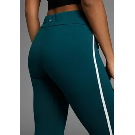 fayn sports FAYN SPORTS, Damen, Gr. 24, K + L Gr, blau (schwarz petrol), Jersey, Obermaterial: 90% Baumwolle, 10% Elasthan, unifarben mit Farbeinsatz, bootcut fit lang, Hosen Leggings, Logo als Reflektorprint