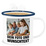 Emaille Becher Blechbecher - Mit Foto I Eigenem Bild I Text I Name I Wunschtext - 300 ml - Weiß Blau - selbst gestalten fotos tassen kaffeebecher tasse zum anpassen personalisiertes bedrucken