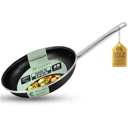 Novaliv Energiesparpfanne 28 cm Einsparung bis zu 40% - Emaillierter Stahl, Antihaft Beschichtung innen, sehr leicht zu reinigen, Schwarz Pfanne für alle Herdarten Spülmaschinenfest Edelstahlgriff
