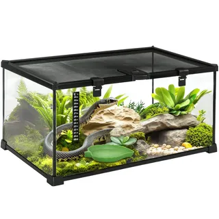 PawHut Terrarium für Reptilien Reptile Fütterungsbox Glasterrarium Amphibien Spinnentiere mit Thermometer Reptilienzuchtbox Metall Schwarz 50 x 30 x 25 cm