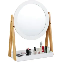 Relaxdays Kosmetikspiegel, schwenkbar, mit Ablage für Make Up, Kosmetik, Tischspiegel ∅ 32,5 cm, Bambus, MDF, weiß-natur