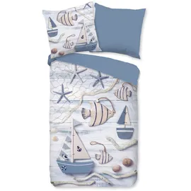Good Morning "Maritim", blau, B/L: 135cm x 200cm, 1 Stk., 1 Stk., Renforcé, B/L: 80cm x 80cm, 2 Stk., Renforcé, Obermaterial: 100% Baumwolle, Bettwäsche, Wendebettwäsche, Baumwolle, Renforcé, 135x200, Reißverschluss, Wendeoptik, Maritim Blau