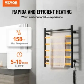 Vevor Handtuchtrockner Heizkörper Handtuchwärmer, beheizter Handtuchhalter mit 6 Stangen, wasserdichter Handtuchwärmer mit Timer & LED-Anzeige, 5 einstellbare Temperaturstufen, Wandmontage, Schwarz