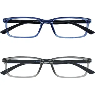 OPULIZE SEE Blaulichtfilter Lesebrille für Damen Herren, Blendfreie UV400-Schutz Federscharnier Anti-Müdigkeit, Rechteckiger Rahmen, Computerbrillen Gaming, 2er-Pack Blau Grau +1,00