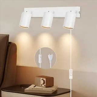 Kambo GU10 3 Flammig Wandleuchte Innen Weiß, Drehbare 350° Wandbeleuchtung mit Schalter, 3 Spot Wandlampe mit Stecker Aus Aluminiumlegierung für Schlafzimmer, Wohnzimmer, Flur, Nachttisch
