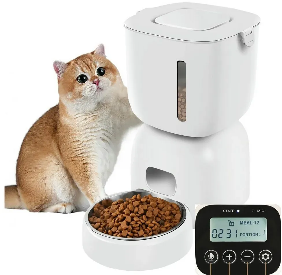 KNKA Katzen-Futterspender Futterautomat Katze - Katzenfutter Automat mit Programmierbarem Timer, 1-6 Mahlzeiten pro Tag - Futterspender Katze 10s Aufnahmefunktion - 3L weiß