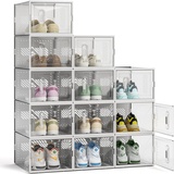 FUNLAX Schuhboxen, Stapelbar Transparent Schuhorganizer mit 12 Stück, Kunststoff Schuhbox mit Magnetische Tür und Aromatherapie-Stick, für Mann, Frau, bis Größe 45