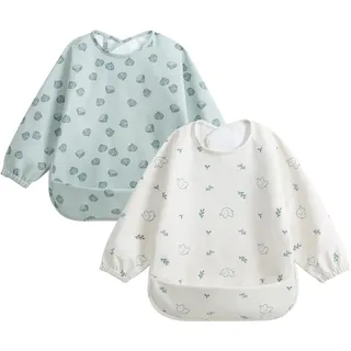 Little Dimsum Baby Lätzchen mit Lange Ärmeln,Wasserdicht Kinder Lätzchen Abwaschbar,Babylätzchen Latz mit Tasche-2er-Pack für Baby Kleinkinder 6-36 Monate(Elephant&Chestnut