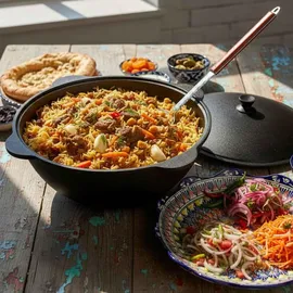 4big.fun Uchag 2mm Stahl Utschak mit Abzugsrohr Kazan 16L Grillfächer Schaumkelle Suppenkelle Utschak Utschag Kasan Feldküche Außenküche Eintopfofen Gulaschkanone