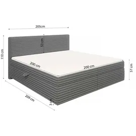 S-Style Boxbett Cord mit Stauraum und Topper H3 Neo ¦ grau ¦ Maße (cm): B: 205 H: 110