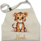 Kinderschürze Schürze Kinder Jungen Mädchen - Zootiere - Tiger - 7-14 Jahre - Natur Weiß - personalisierte tiger, backschürze geschenke tiermotiv tigermotiv name und personalisieren motiv - 7-13 Jahre