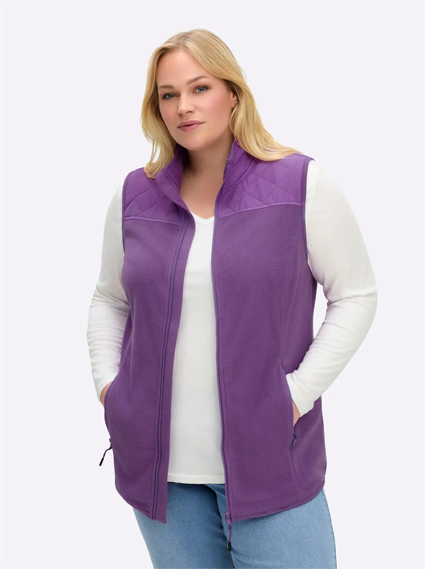 Fleeceweste SHEEGO, Damen, Gr. 54, lila, 100% Polyester, Einsatz:100% Polyester, Wattierung:100% Polyester, unifarben, Westen Fleeceweste