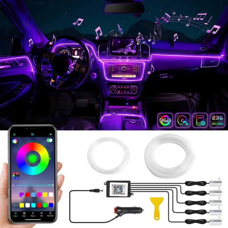 DreamColor Acryl-LED-Streifenbeleuchtung für den Innenbereich des Autos mit kabelloser App, RGB, 5-in-1, mit 236 Zoll, 593 LEDs, Faseroptische Umgebungsbeleuchtungskits, 16 Millionen Farben, Sound-Active-Funktion, Auto-Neonlichter