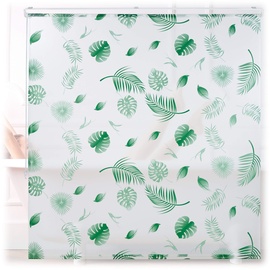 Relaxdays Duschrollo Blätter, 160x240cm, Seilzugrollo f. Dusche & Badewanne, wasserabweisend, Decke & Fenster, weiß/grün