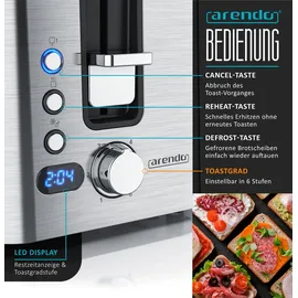 Arendo Edelstahl Toaster Langschlitz 4 Scheiben - Defrost Funktion - wärmeisolierendes Gehäuse - mit integrierten Brötchenaufsatz - Krümelschublade