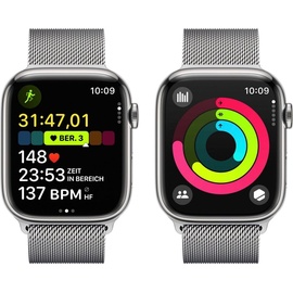 Apple Watch Series 9 GPS + Cellular 41 mm Edelstahlgehäuse silber, Milanaise Armband silber One Size