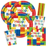 spielum 40-teiliges Party-Set Bausteine - Teller Becher Servietten Trinkhalme für 8 Kinder