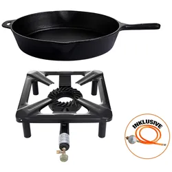 Hockerkocher Set: mit Gusspfanne Ø 39 cm, Schlauch, Regler