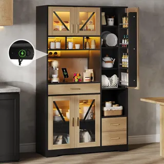 Merax Küchenschrank, Buffetschrank mit LED, 3 Schubladen, Steckdosen, 4 Offenen Regalen, Verstellbare Einlegeböden, Gewürzregal und 4 Glastür, Küchenbuffet, Küchenmöbel, 105×40×185 cm (Natur+Schwarz)