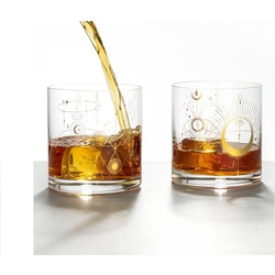 Crystalex Whiskyglas Alchemist Wassergläser Whiskygläser Kristallglas 410 ml 2er Set, Kristallglas, Kristallglas, zwei verschiedene gold Motive weiß