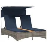 vidaXL Gartenliege Doppel-Sonnenliege mit Dach und Kissen Grau Poly Rattan
