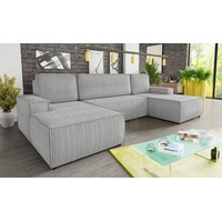 Sofnet Wohnlandschaft Totti U, mit Schlaffunktion und Bettkasten, U-Form Couch, Cord Stoff, Schlafsofa mit Wellenfeder grau