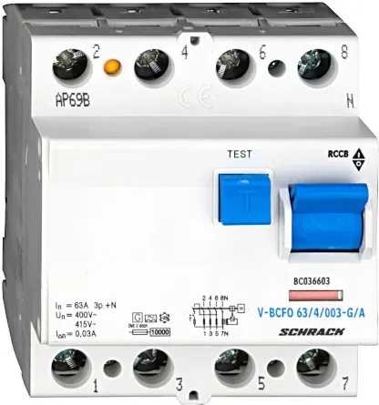 Schrack FI-Schutzschalter, 63A, 4-polig, 30mA, vsf., Bauart G, Typ A BC036603—