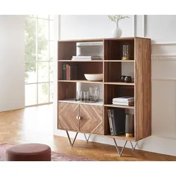 DELIFE Highboard Pacino 115 cm Sheesham Natur Steinplatte Weiß Marmor, Highboards