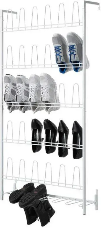 MyGift Moderner Mattweißer Metall Hängeschuhregal für begehbaren Kleiderschrank, Garderobe und Eingangsbereich, Wandmontierter Platzsparender Organizer für Schuhe und Stiefel, Platz für 18 Paare